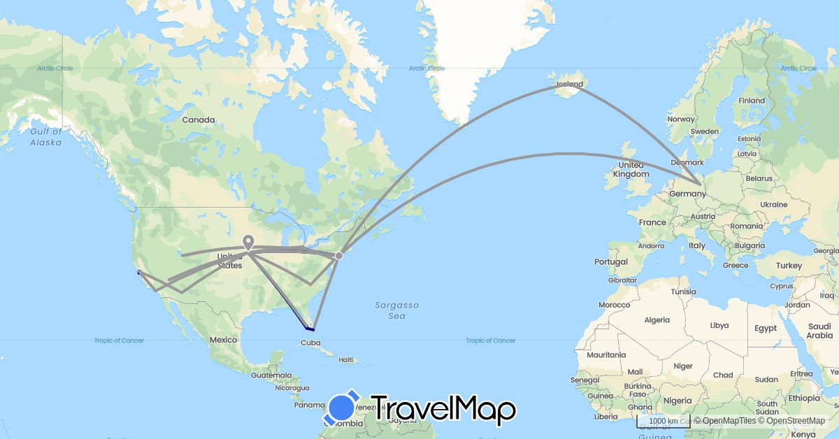 TravelMap itinerary: driving, plane in Germany, Iceland, United States (Europe, North America)